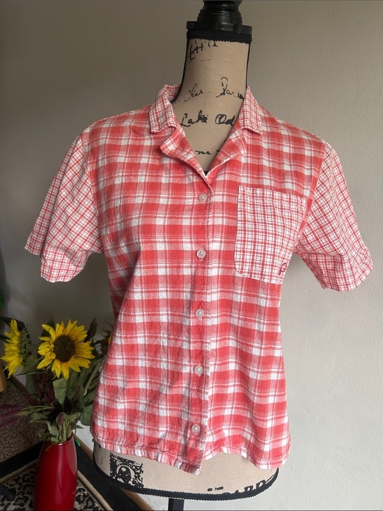 Penfield Tops - Penfield Short Sleeve Plaid Button Down Orange White Top Size Small